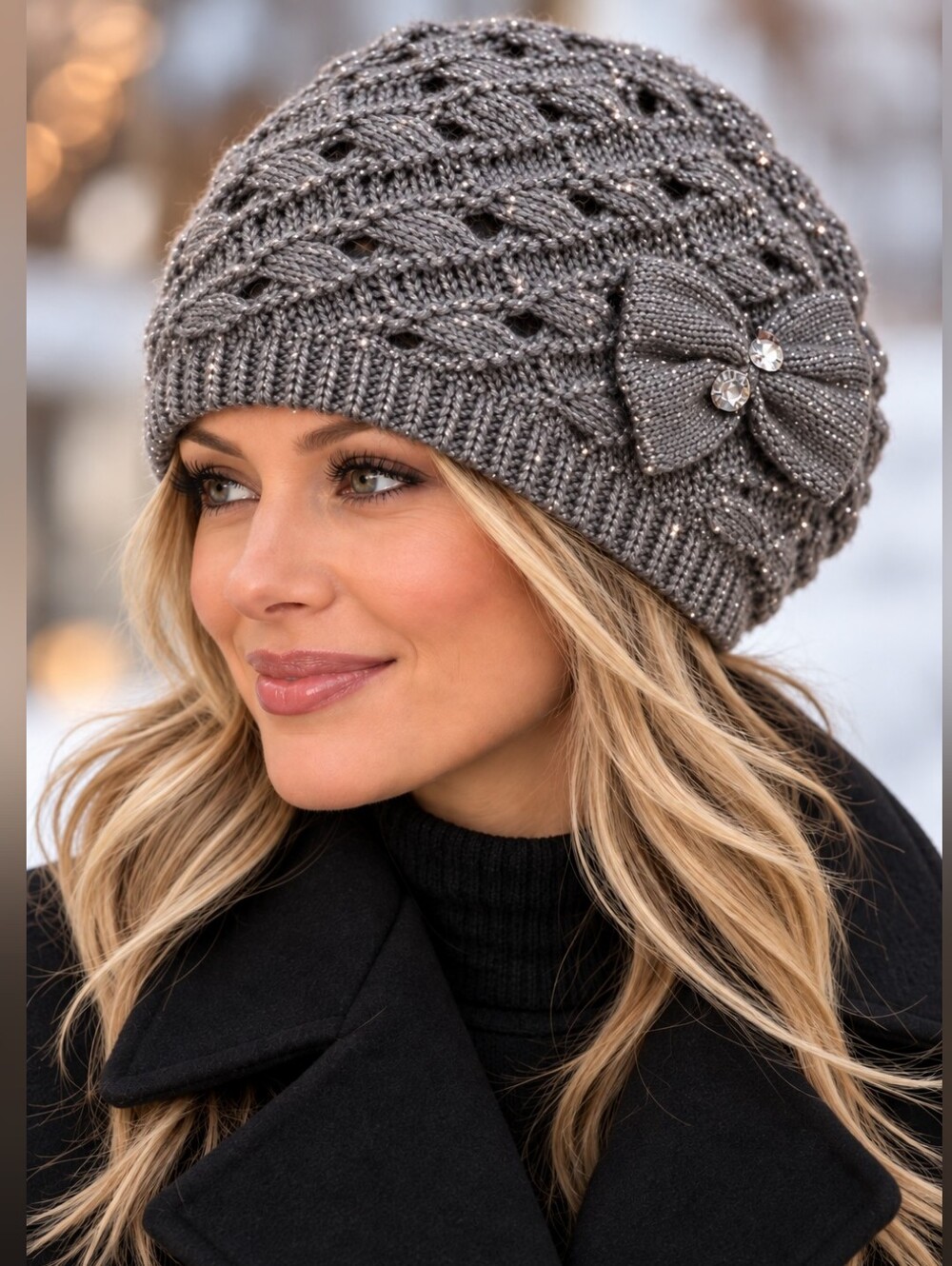 Knit Bow Beanie with Crystal Accents And Subtle Sparkle.
